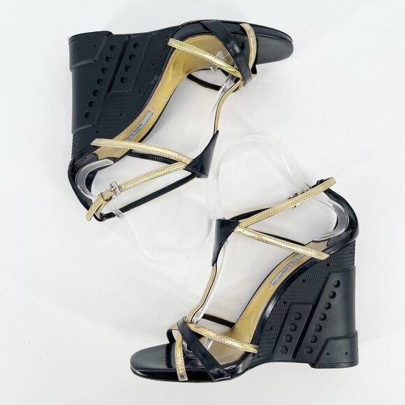 Prada Fall 2014 Runway Black Gold Industrial Metal Wedge Sandal size IT 38.5 - Picture 4 of 15